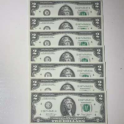 🇺🇸 7  LUCKY NEW  Uncirculated Two Dollar Bills Crisp $2 Sequential  2017A 🇺🇸 • $19.95