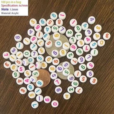 100pcs 4×7mm Single Size Acrylic Number Beads White Flat Bulk Colorful Round • $2.90