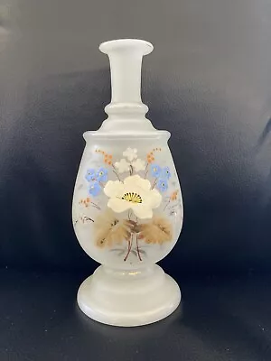 Victorian Bristol White Opaline Blown Glass Vase Hand Painted 7.5” Floral Vtg • $21.70