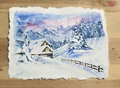 Winter Landscape Watercolor Original Painting Handmade Cotton Vintage Stile • $47