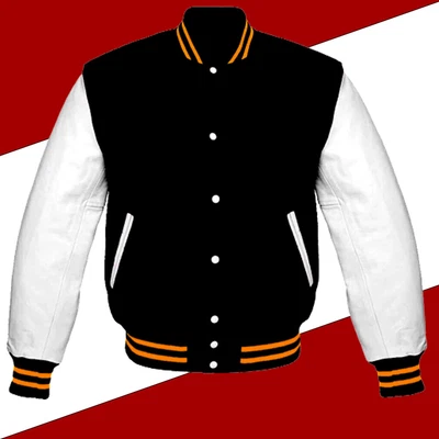 £74.99 • Buy Lettermen Baseball Varsity College Jacket Black Wool & White Leather Sleeves