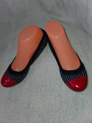 J Crew Women Mila Ballet Flat Navy White Polka Dot Red Patent Cap Toe Size 7 Us • $34.99