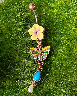 1pc Fimo Flower Vintage Belly Ring W/ Butterfly Dangle Navel Naval Body Jewelry • $11.95