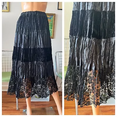 Vintage 90s Y2K Crinkle Velvet Lace Tiers Gypsy Goth Witchy Maxi Skirt L XL • $14