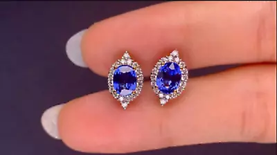 3Ct Oval Cut Lab Created Blue Tanzanite Halo Stud Earrings 14K White Gold Plated • $111.99