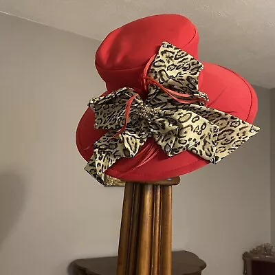 NWT Vintage ML Studio Hat Red With Leopard Bow. Kentucky Derby Church Easter. • $20