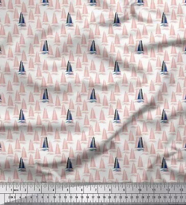 Soimoi Red Cotton Poplin Fabric Yacht & Waves Nautical Print Sewing-BVH • $9.64