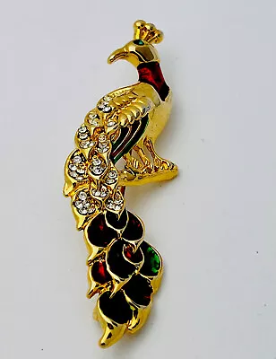 Vintage 1990s Peacock Gold Tone Crystal Enamel Pin Brooch • $24.99