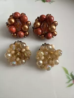 VINTAGE WEST GERMANY - Orange  RED White & GOLD BEAD CLUSTER CLIP-ON EARRINGS • $15