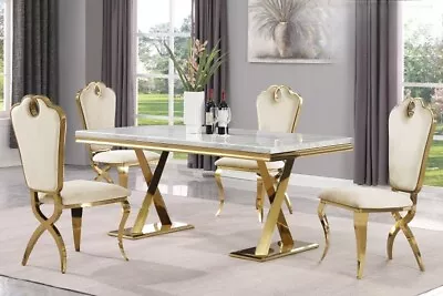 Modern 5-Pc Dining Set Marble Top Table Cream Velvet Chair In Gold Plated Frame • $1949