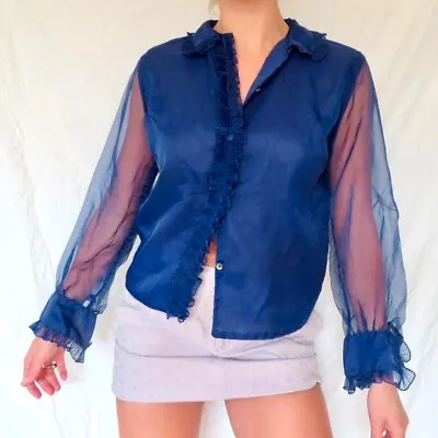 Tergal Vintage Navy Blue Polyester Button Ruffled Blouse Top Long Sleeve Medium • $22