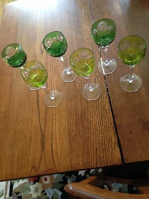 Set Of 6 Cut Crystal Emerald And Light Green MCM Stemware Goblets • $30