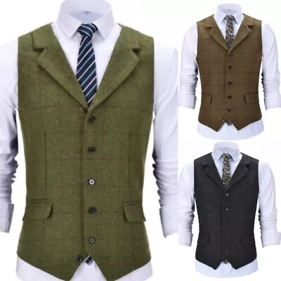 Mens Formal Suit Vest Vintage Notch Lapel Tweed Vest Retro Herringbone Waistcoat • $27.98