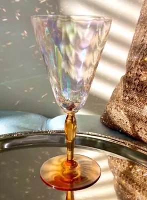 1920’s Antique/Vintage Amber Stem Iridescent Optic Water Goblet/Wine Glass 8oz • $14.95