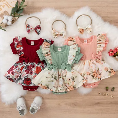 Lovely Girl Bowknot Floral Romper Baby Clothes Dress Overalls Jumpsuit Infant • £3.99