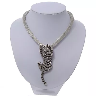 Statement Crystal Enamel Tiger Pendant Mesh Magnetic Necklace In Silver Tone • $32.06