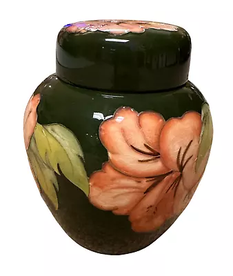 Vintage Moorcroft Pottery Dark Green Hibiscus Flower Ginger Jar • $50