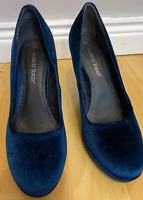 Marco Tozzi Ladies Petrol Blue Velvet High Heel Shoes UK 6. Excellent Condition • £5.99