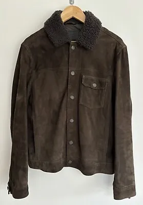 Allsaints “Wilmont” Suede Sherpa Trucker Jacket Chocolate Brown Medium  • $126.28