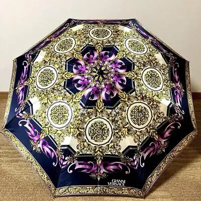 GIANNI VERSACE Folding Umbrella Baroque Pattern Black/Gold/Purple • $150.22