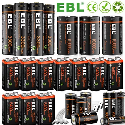 EBL D Size AA AAA Lithium Li-ion USB Rechargeable Batteries Lot (900-10000mWh) • $7.29