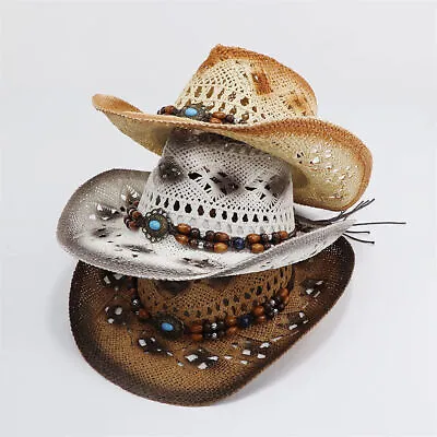 Straw Cowboy Hat Summer Sun Mens Womens Ladies Panama Natural Hats • £12.74