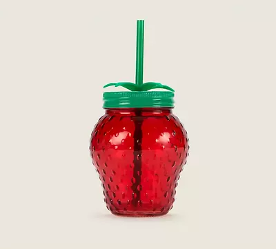 NEW Red Strawberry Shaped Mason Jar & Lid & Straw 420ml Novelty Gift Idea 🍓🥤💚 • £8.99