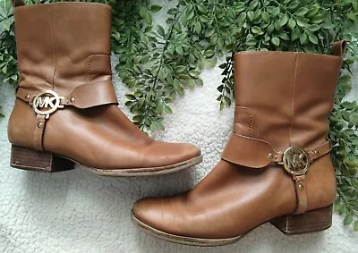 Michael Kors Turner Leather Ankle Boot Luggage Brown Harness 9.5 M Authentic • $48.98