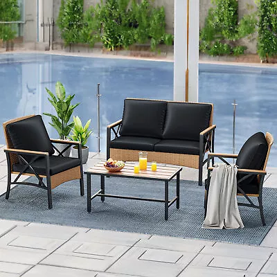 4-Piece Patio Wicker Furniture Set Backyard Rattan Conversation Furniture Sets • $229.80