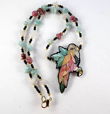 Lovely Signed LEE SANDS Mother Of Pearl Parrot Bird Necklace Stone Chips Pebbles • $19.99