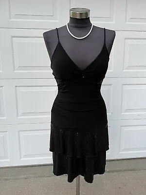 Vintage Y2K Black Tiered Strappy Sequin Mini Dress Small • $14.99