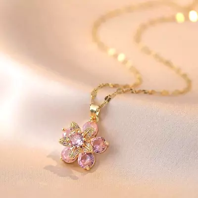 Fashion Pink Golden Flower Rhinestone Heart Pendant Necklace Women Gift New • $13.98