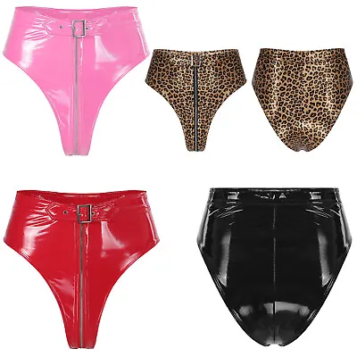 Women's Wet Look Briefs High Waisted Booty Shorts Zipper Crotch Panties Knickers • £7.35