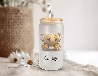 CANCER Zodiac Sign Frosted Glass Can With Bamboo Lid 16 Oz Glass Cup By Mugzan • $17.99