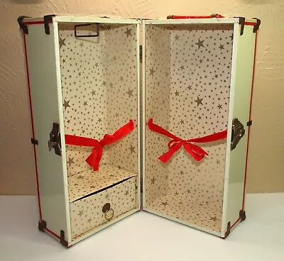 Vintage White METAL Doll Trunk W/ Red Accents * STARS Lining & Drawer • $35