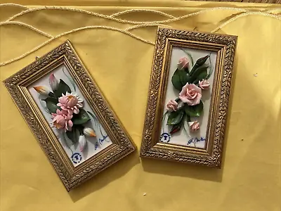 Pair Capodimonte Gold Framed Porcelain Flowers Signed Mollica Floral Roses • $78