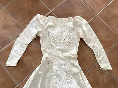 Vtg 30s Satin Wedding Dress Floral Puff Sleeves Weighted Train Bridal Gown Small • $150