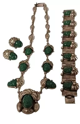 Vintage Mexican Texco Sterling Silver 925  Green Onyx Aztex Faces Necklace Set • $126.75