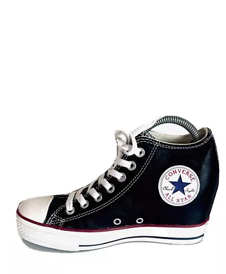 CONVERSE Chuck Taylor Black Leather All Star Lux Mid Hidden Wedge Sneaker US7 • $149