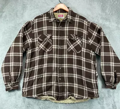 Mens Large Jackets Sherpa Lined Shacket Wrangler Flannel Brown Plaid Western • $16.90