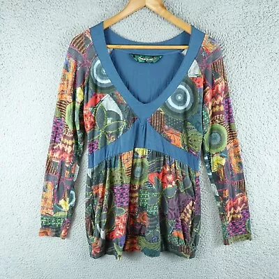 Desigual Womens Top XL Green Tunic Pattern Casual V Neck Knit Teal Career Work • $14.90