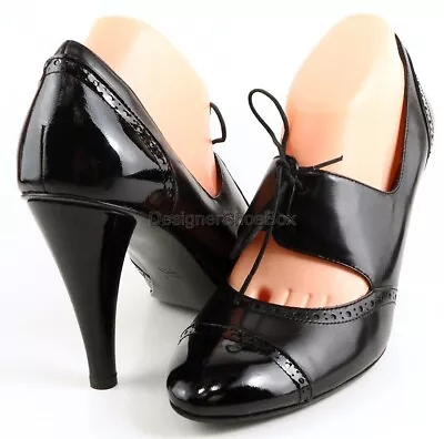 $230 VIA SPIGA KELIS Black Patent Leather Toe Back Designer Lace Up Pumps 8.5 • $67.49