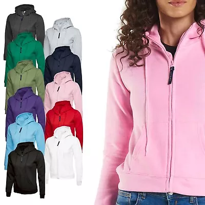 Womens Hooded Sweatshirt Zip Up Hoodie - LADIES PLAIN FITTED CASUAL HOODY TOPS • £17.99