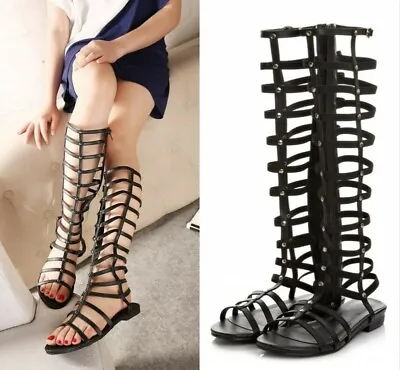 Women Hollow Out Open Toe Knee High Gladiator Sandals Boots Rivet Shoes US4-12.5 • $76.37