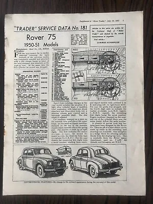£3.95 • Buy Rover 75 P4 1950-51 Models Motor Trader Service Data No. 181 1951