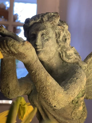 £85 • Buy Large Angel Verdigris Garden Statue Cast Iron Holding Tiny Bird
