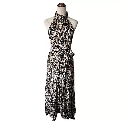 Witchery Leopard Print Halter Maxi Dress Waist Tie Belt Size 14 Event Cocktail • $50