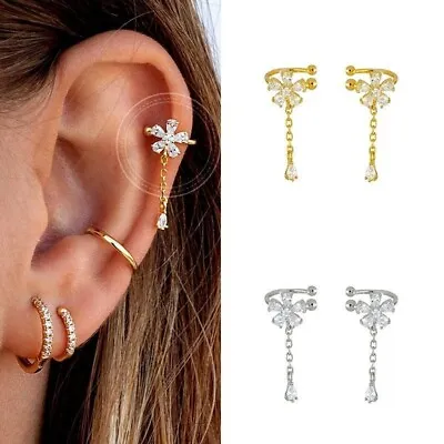 EAR CUFFS CHAIN Daisy Flower Pair Choice .925 Sterling Or 18K Gold + Pouch • $17.50