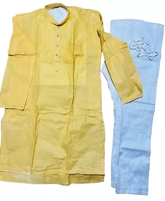 NWT Men's Kurta PAJAMA SET SZ 44 Large Yellow White Cotton EID  INDIA-USA SELLER • $36.65