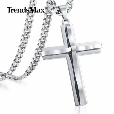 Silver Mens Cross Pendant Necklace 5mm 18-36'' Stainless Steel Curb Cuban Chain • $7.59